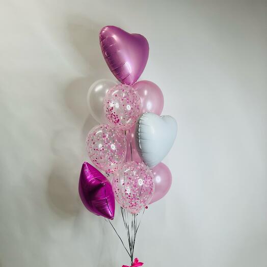 Набор шаров с гелием. Фонтан из 9 шаров бело-розовый