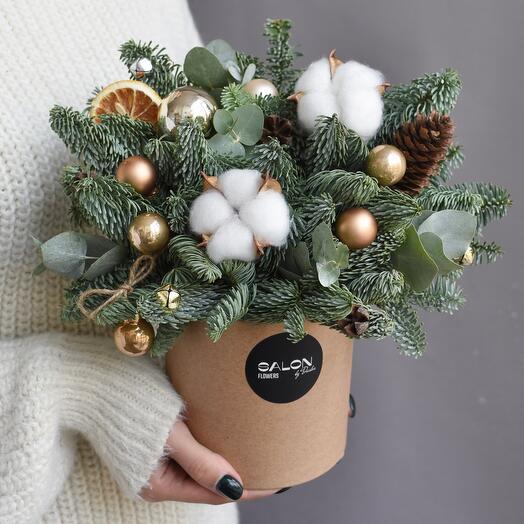 Новорічна композиція в капелюшній коробці "шоколадний мокко" з гілочками нобіліса / Букет 263 Bottega dei Fiori