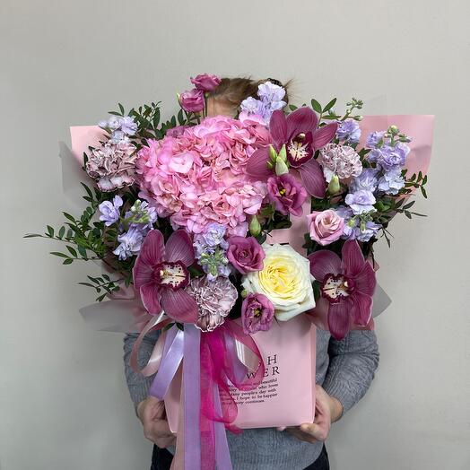 Orchid with mattiola in her handbag