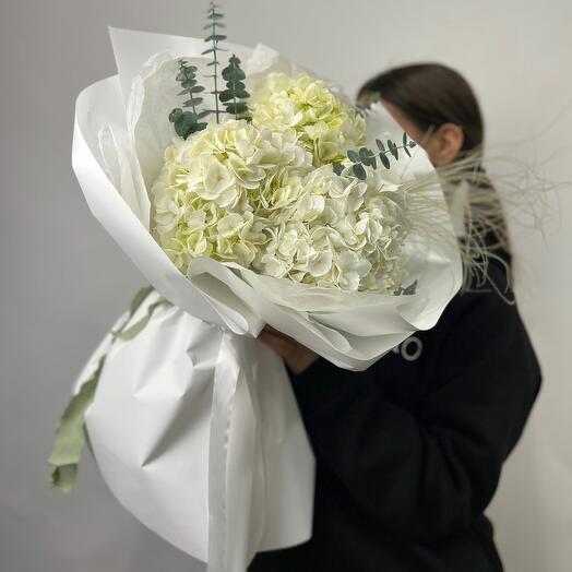 Bouquet of 3 white hydrangeas with eucalyptus