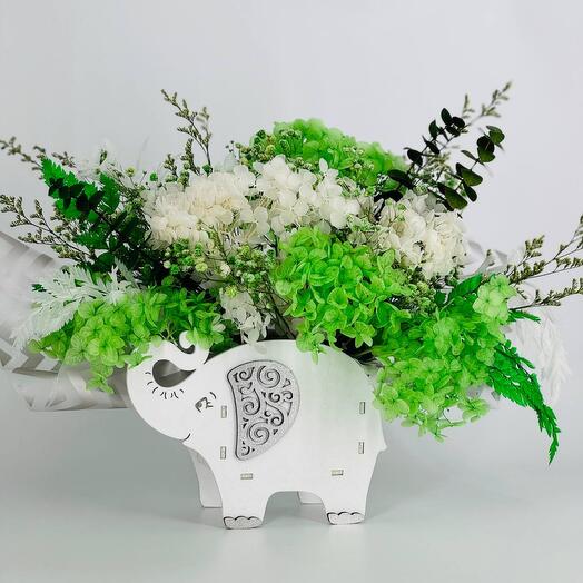 Arreglo brillante de flores estabilizadas en plantador de elefante
