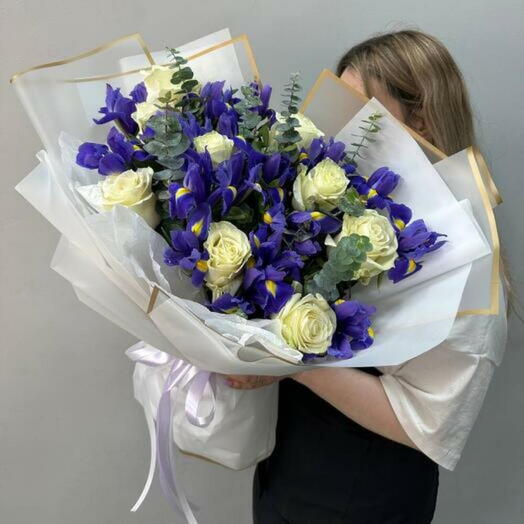 Blue Irises and White Roses