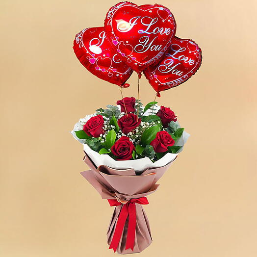 Bunch Of Beautiful 6 Red Rose with I Love You Balloons