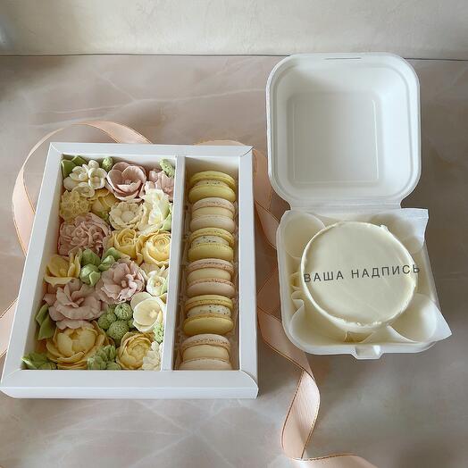 Комбо набор бенто торт, зефирные цветы и macarons подарок маме, девушке, подруге, коллеге, начальнику, врачу, учителю, коллеге