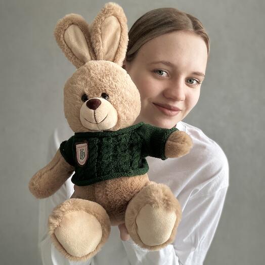 Мягкая игрушка зайка в зеленой кофте