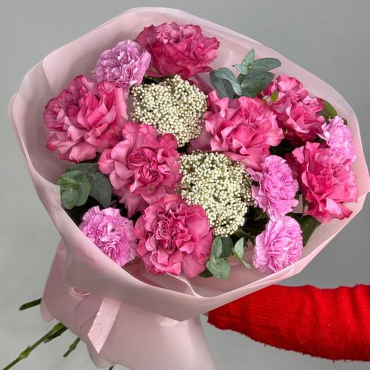 Розовый букет для нее (диантусы, розы кантри блюз)💘/ цветы с доставкой в Уфе