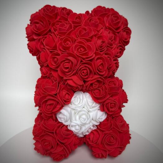 Мишка из роз "Luxury Rose Bear" фоамирана Красный с сердцем, необычный подарок