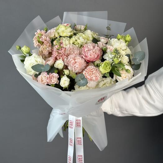 Eustoma, dianthus , sprey rose bouquet