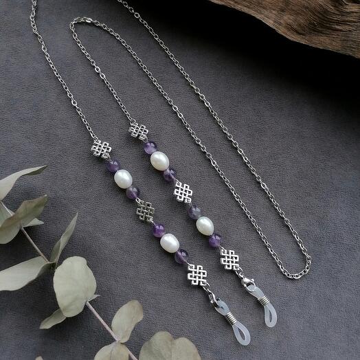 Цепочка для очков/аэрподов с аметистом и жемчугом
