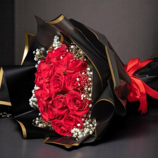 Valentine s Classic – 21 Red Roses with Baby s Breath in Elegant Black Wrap