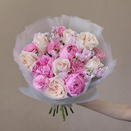 Bouquet with peonies and fragrant roses