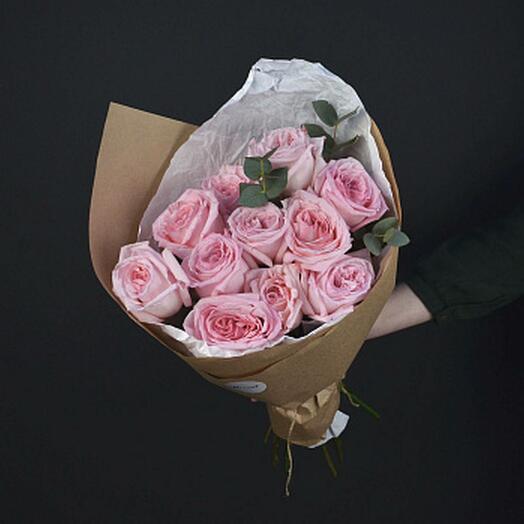 Букет пионовидных роз Pink O Hara и эвкалипта S