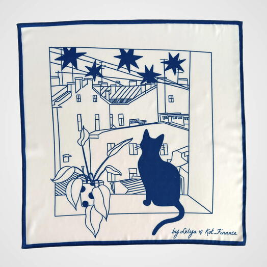 Шелковый платок «Котик и крыши» 45х45 белый