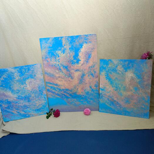 Картина пейзаж с облаками и небом триптих