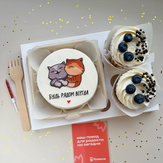 Сладкий подарочный комбо набор из бенто тортика с котиками и двух ягодных капкейков в подарок любимой Будь всегда рядом