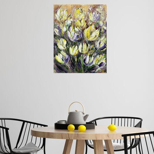 Крокусы — картина маслом с весенними цветами, 30×40 см