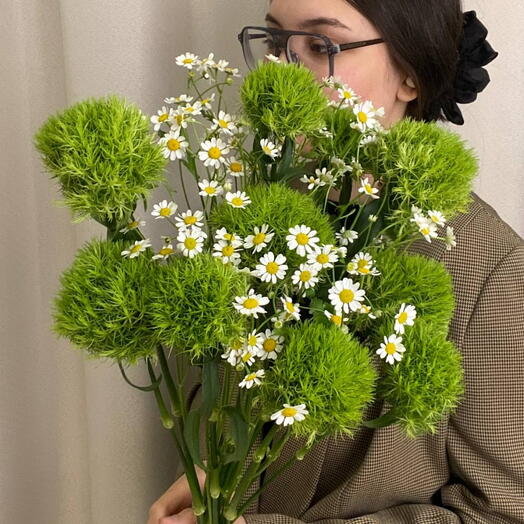 Букет "Весеннее утро💚" из диантусов и танацетума