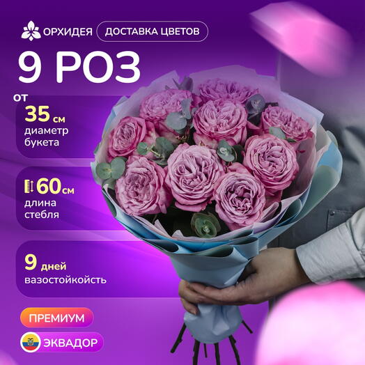 9 пионовидных роз Куинси с эвкалиптом