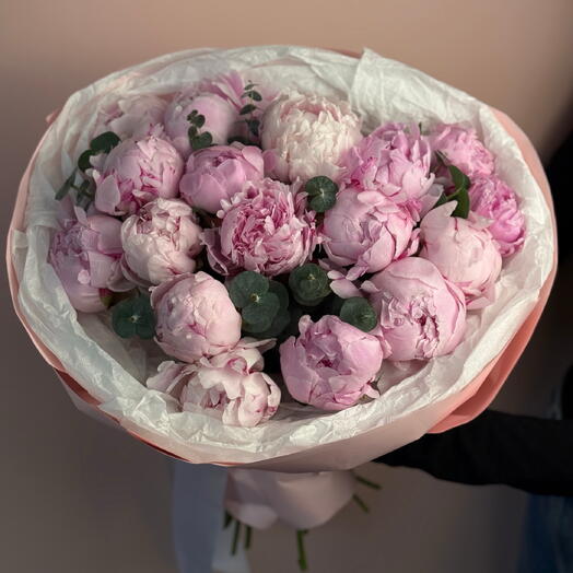 17 розовых пионов с эвкалиптом