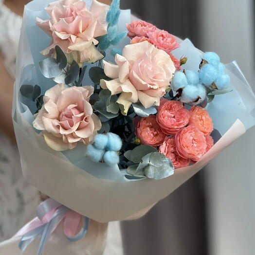 БИРЮЗОВЫЙ БУКЕТ 🦋 с кустовой розой