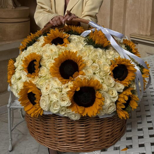 Luxury Sunflower   White Rose Grand Basket