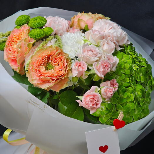 💚New Collection, Букет из ярких роз, кустовые роз Бомбастик, хризантем, гортензии с амарантом, Яркий дофаминовый букет, оранж