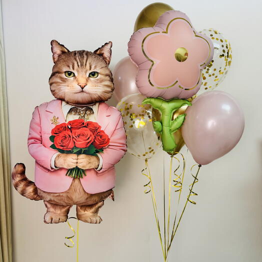 Воздушные шары кот джентельмен с цветами