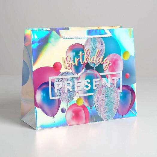 Пакет подарочный голографический, упаковка, «Birthday Present», 32×26×12 см