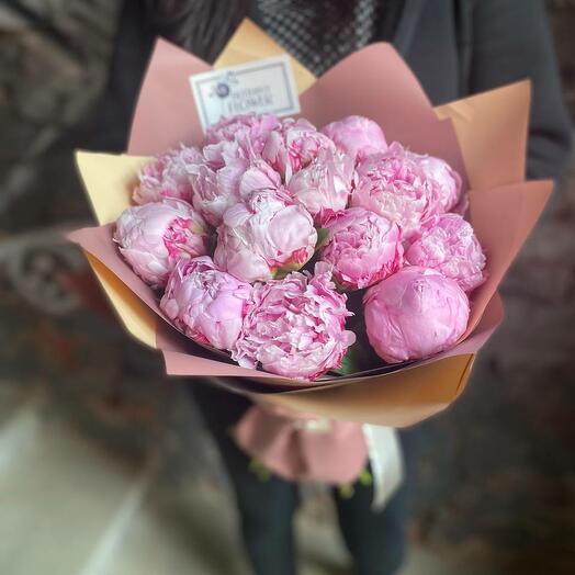 Bouquet of 15 pink peonies in a designer package "Princess Margarita"