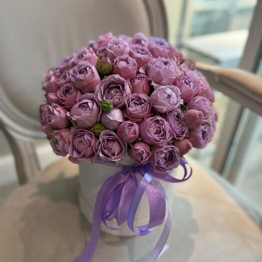 Flowers in a box made of bushy peony-shaped rose lavender bubbles
