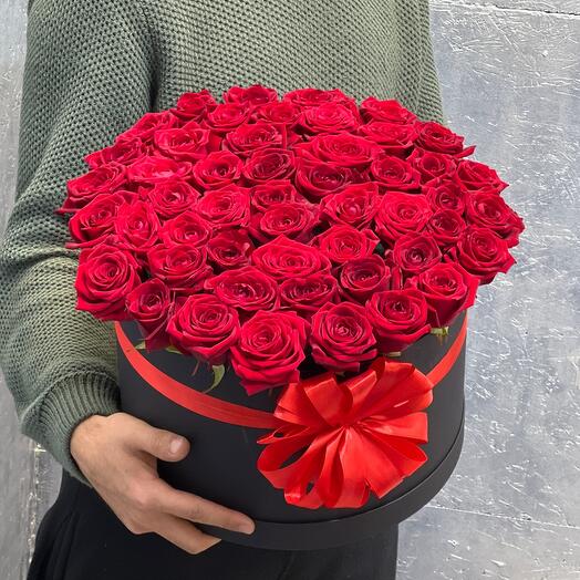 51 red roses in a black box
