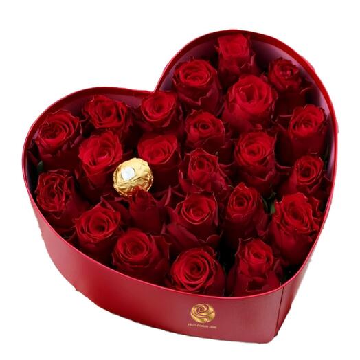 Bae Roses - 25 Red Roses and One Rocher Ferroro in Heart Box