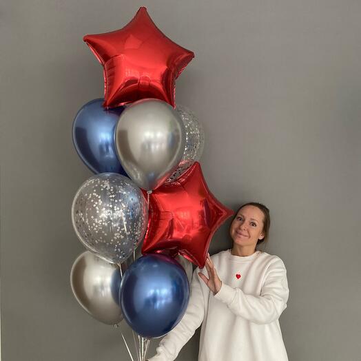 Fountain of Balloons for a birthday for a boy or for a man chrome blue and silver