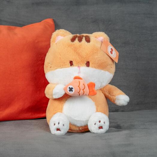 Мягкая игрушка Кот с рыбкой для малышей / Плюшевый Котик для сна KiDWoW коричневый 32см