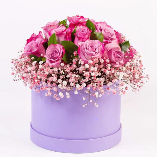 Purple Roses Bouquet with Gypsophila in Elegant Purple Box