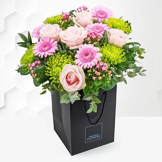 Tiny Garden in a Box: 5 Pink Gerbera, 5 Pink Roses, Green Decor   Fillers in Black Box