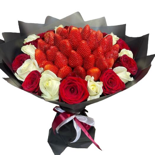 Strawberry with white and red roses