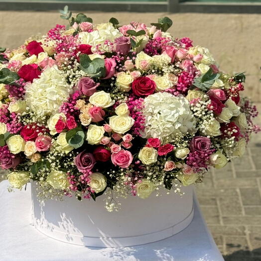 Eternal Love; Roses   Hydrangeas arrangements in a white round box