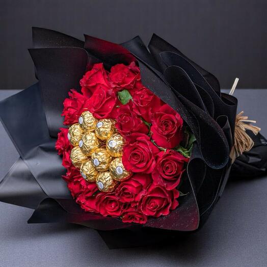 Golden Romance – 21 Red Roses with Ferrero Rocher in Black Wrap
