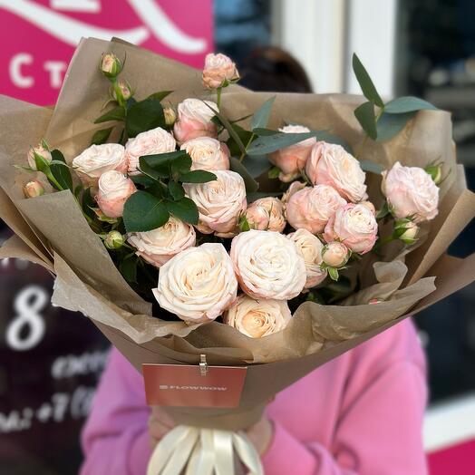Bouquet of cream bush roses and eucalyptus