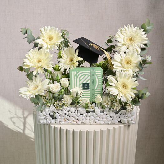 Graduation Flower Tray Arrangement with Patchi Chocolate