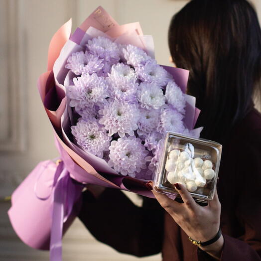 5 Кустовых хризантем сиреневых + десерт