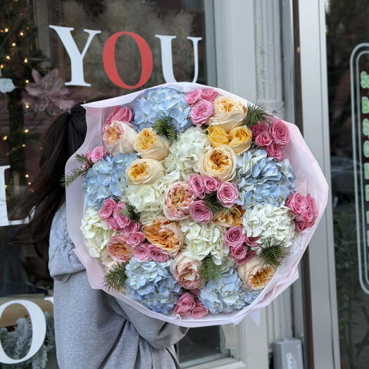 "Frost-Kissed Morning" Bouquet (Garden Roses, Hydrangeas, Spray Roses, Christmas Greenery)