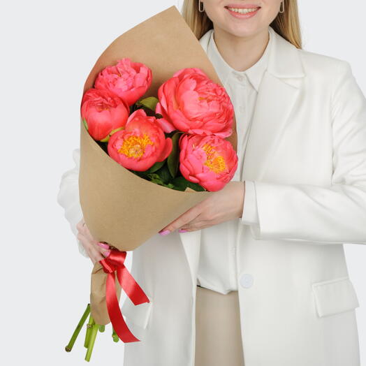 🔥🌷Букет 5 пионов корал шарм