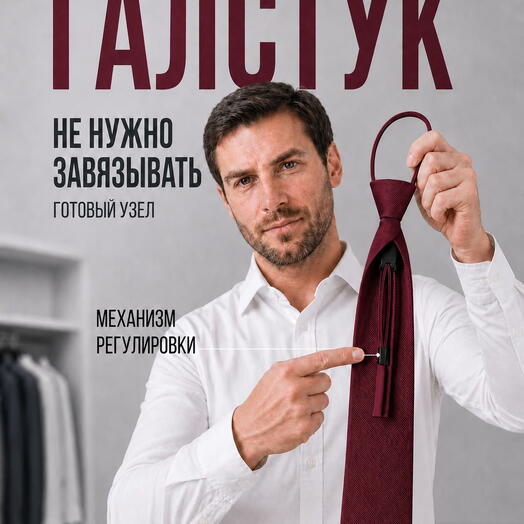 Фальшгалстук мужской бордовый узкий из полиэстера с готовым узлом для офиса