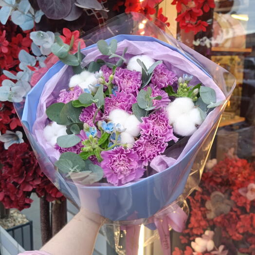 Трендовый букет с диантусами с хлопком 💜Диантумы хлопок