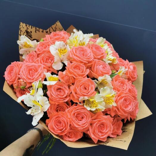Bouquet with bush rose Barbados and alstroemeria