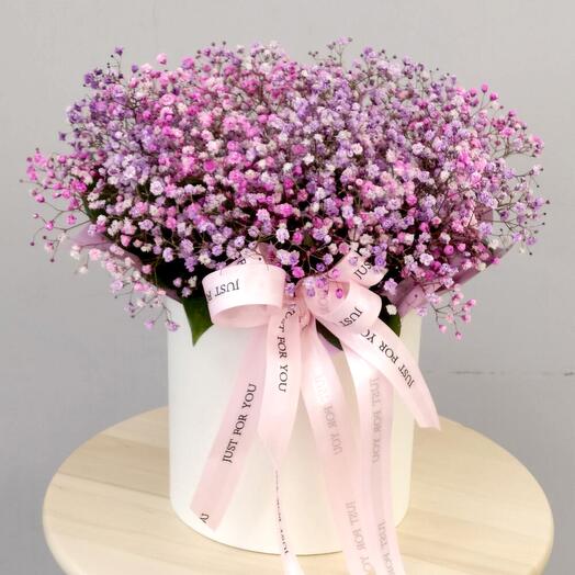 Flowers in a box with gypsophila mix colors