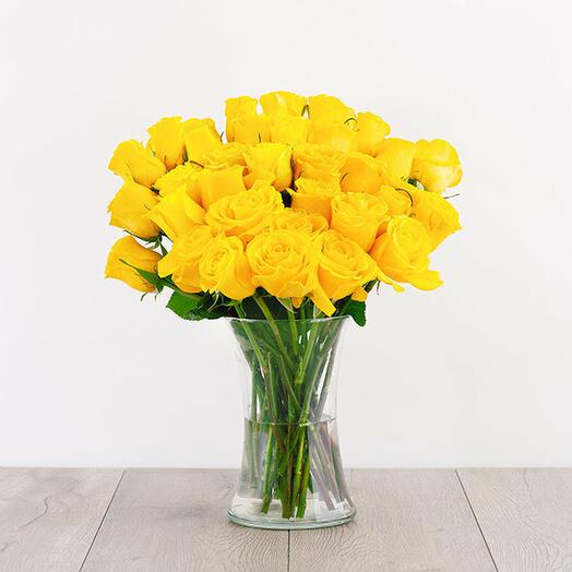 Sunny Day Yellow Roses Glass Vase
