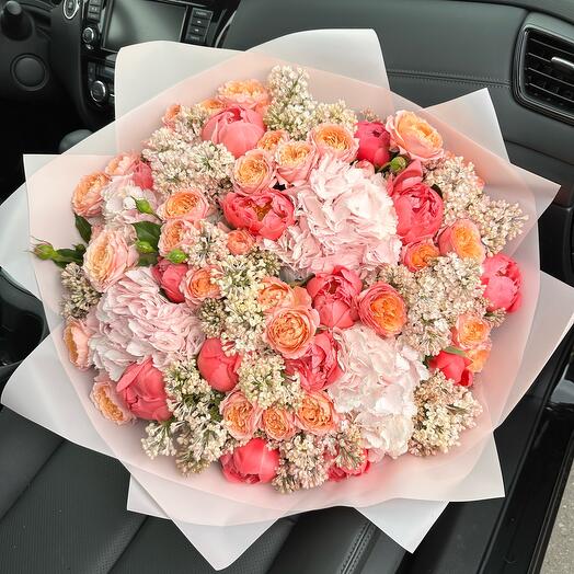Bouquet with coral Charm peonies, Juliet rose, lilac